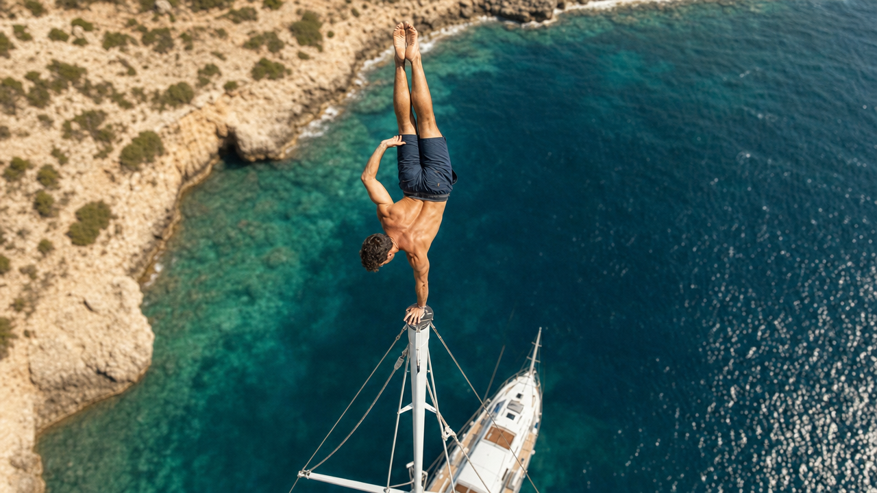 Un hombre hace el pino a una mano en lo alto del mastil de un velero frente a la costa balear.