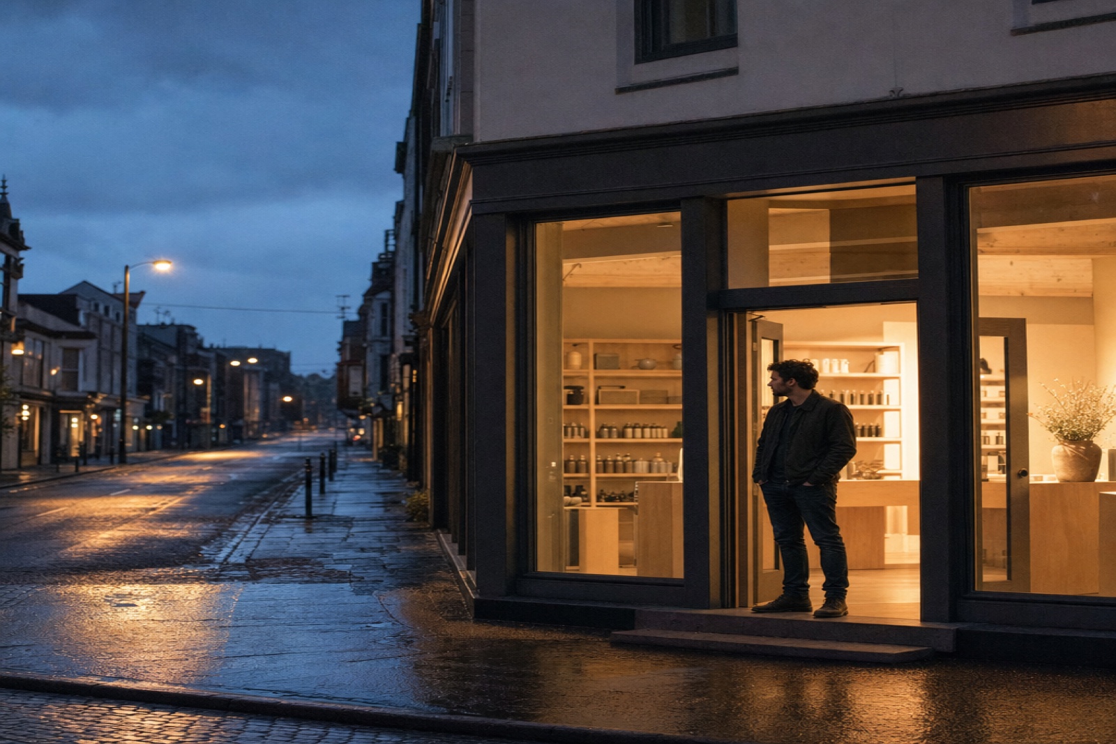 Un hombre espera en la puerta de su tienda recién montada, iluminada y perfecta, mirando una calle completamente vacía al anochecer.