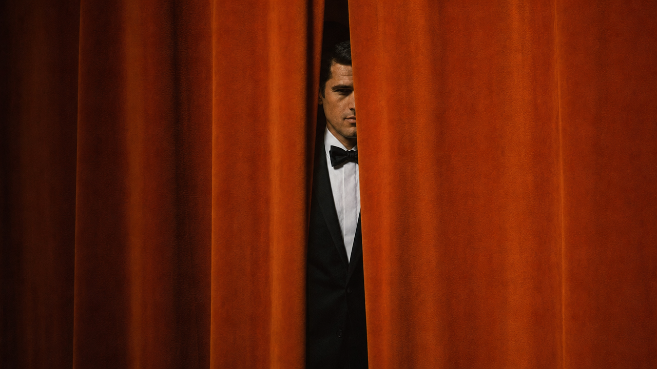 Un hombre de esmoquin asoma entre el hueco de una pesada cortina naranja de teatro.