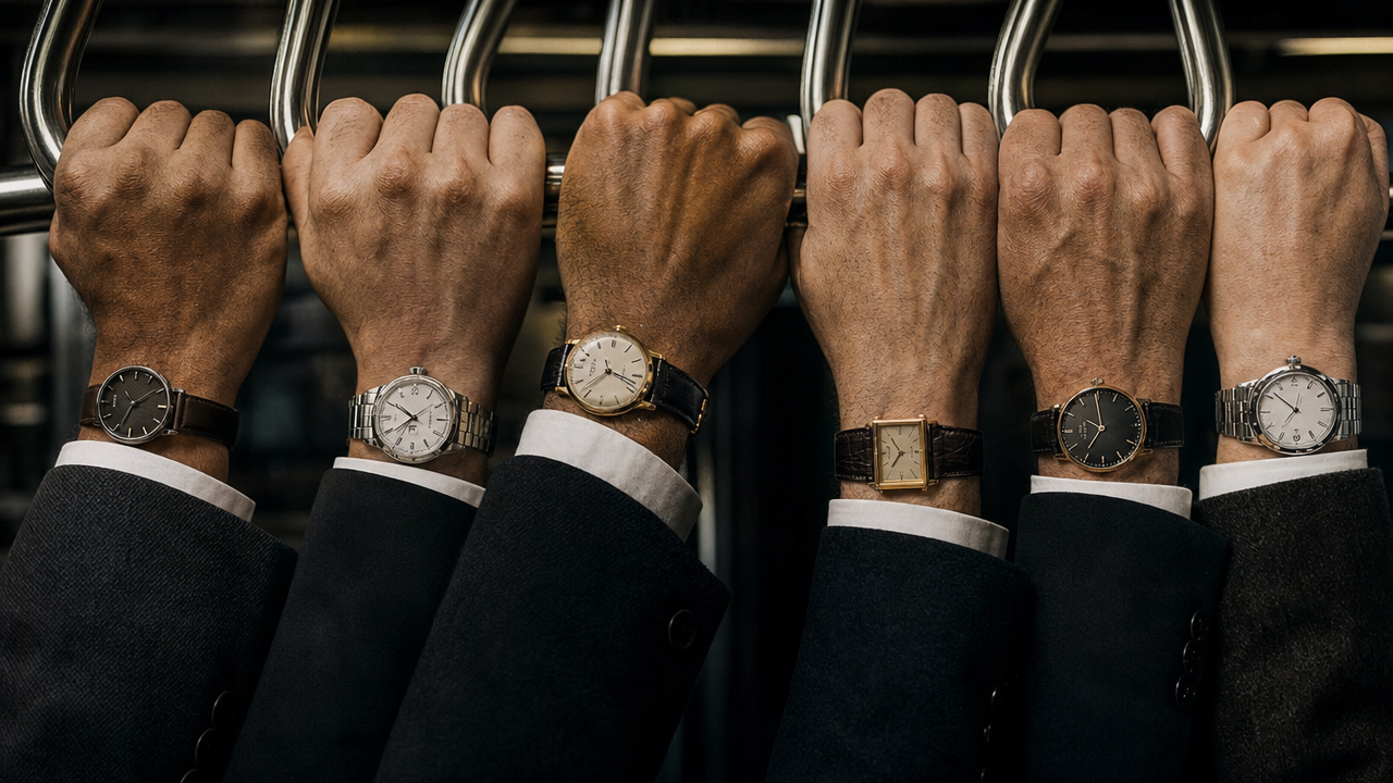 Varias manos con relojes clásicos y puños de camisa agarradas a una barra de metro.