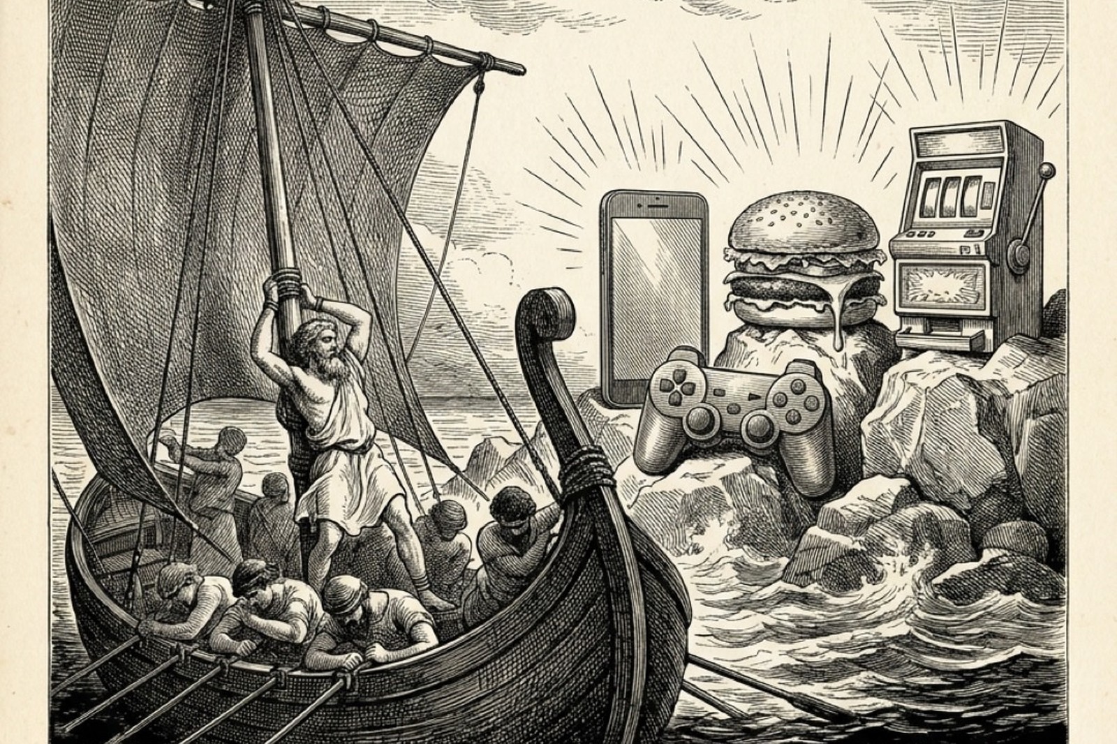Grabado a plumilla: un barco griego pasa frente a unas rocas donde, en lugar de sirenas, irradian un movil gigante, una hamburguesa y una tragaperras.