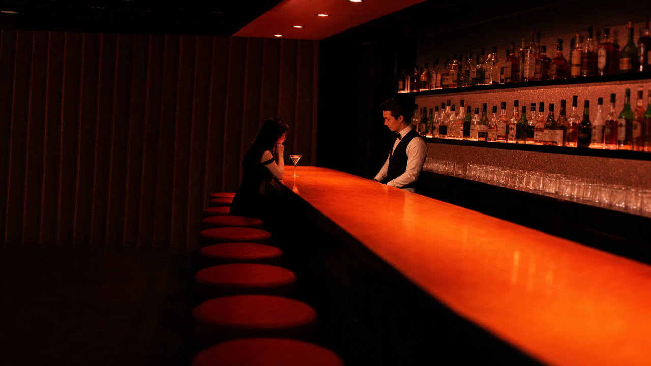 Barra de bar iluminada en rojo de noche, un hombre solo bebe con calma.