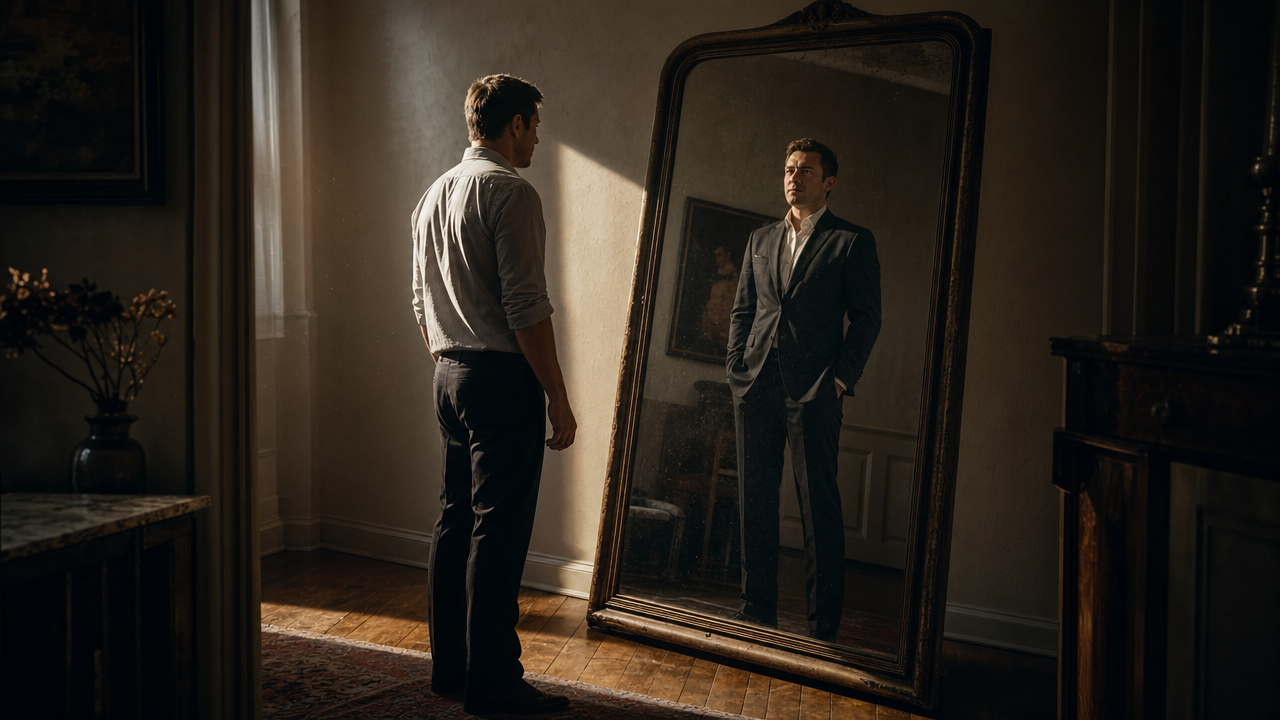 Un hombre con camisa sencilla se mira en un espejo antiguo y su reflejo viste traje con otra postura.