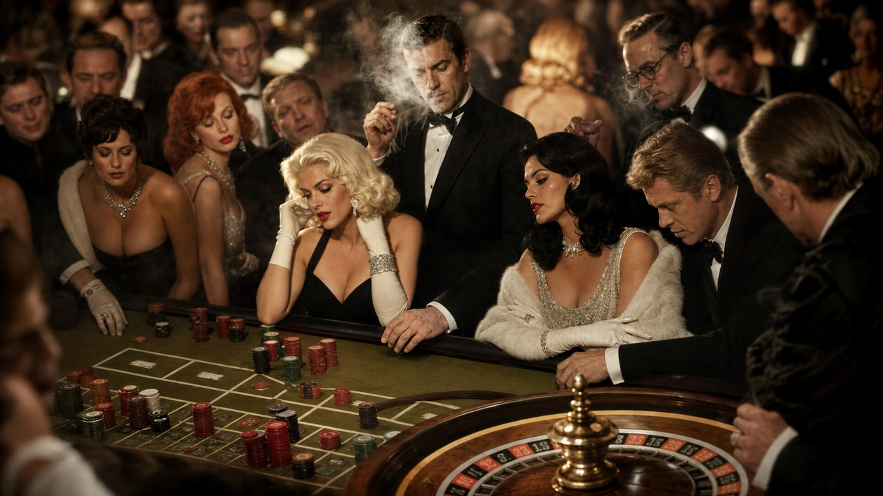 Mesa de ruleta de casino de los anos 60, esmoquin, humo y tension en la jugada.