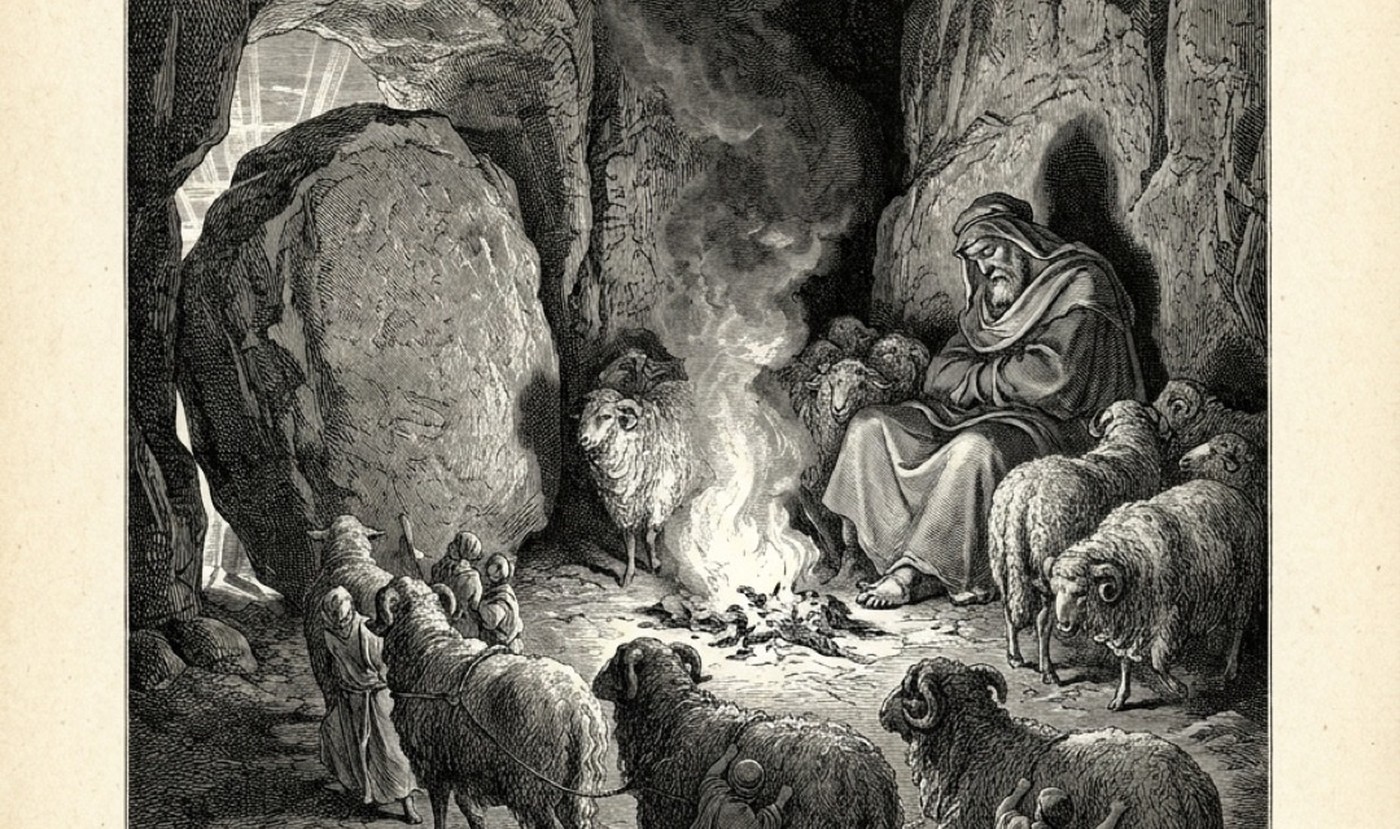 Grabado a plumilla: interior de la cueva del ciclope, los hombres escapan escondidos bajo las ovejas junto a la roca de la entrada.